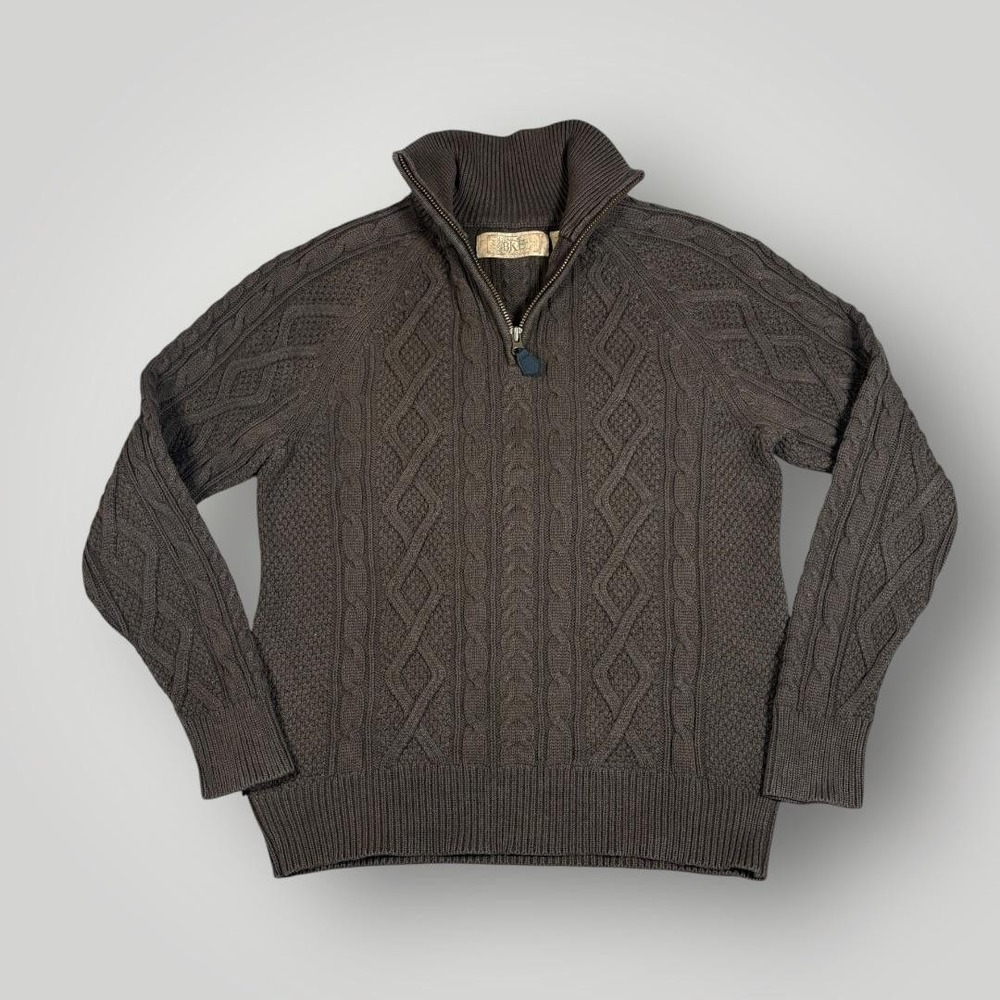 BKE Sweater Mens Medium Brown Cable Knit 1/4 Zip Mock Neck Cotton Pullover Warm